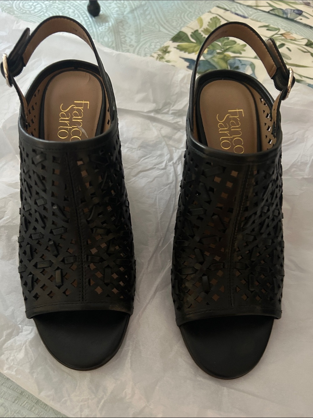 Franco Sarto Black Laser-Cut Slingback Mules